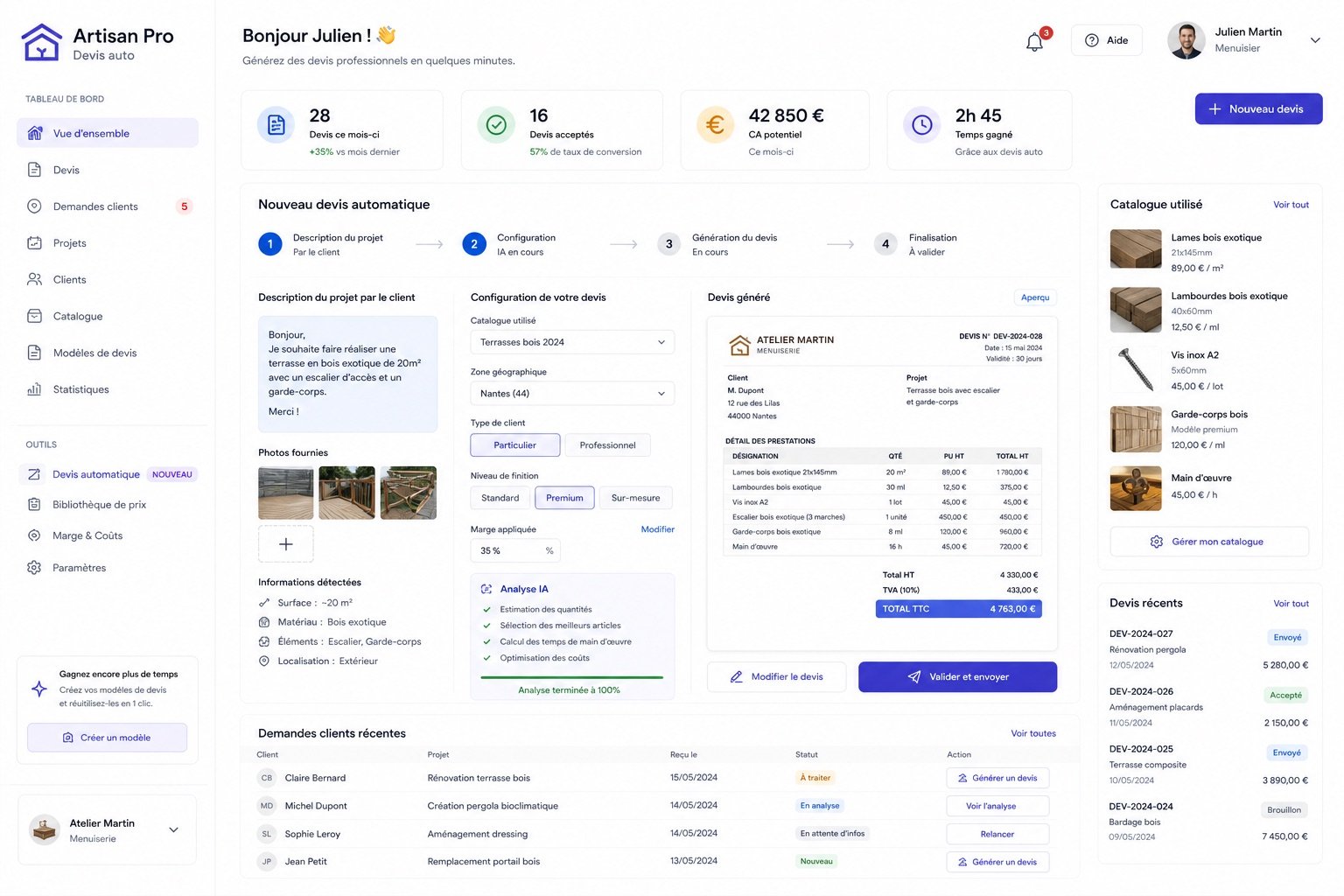Capture d'écran de l'application Kolya pour artisans : demande client avec photos, devis pré-généré, suivi de chantier, relance après devis
