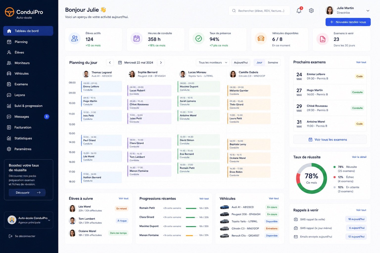 Capture d'écran de l'application Kolya pour auto-école : planning multi-moniteurs, suivi des compétences élèves, gestion des véhicules, prépas examens