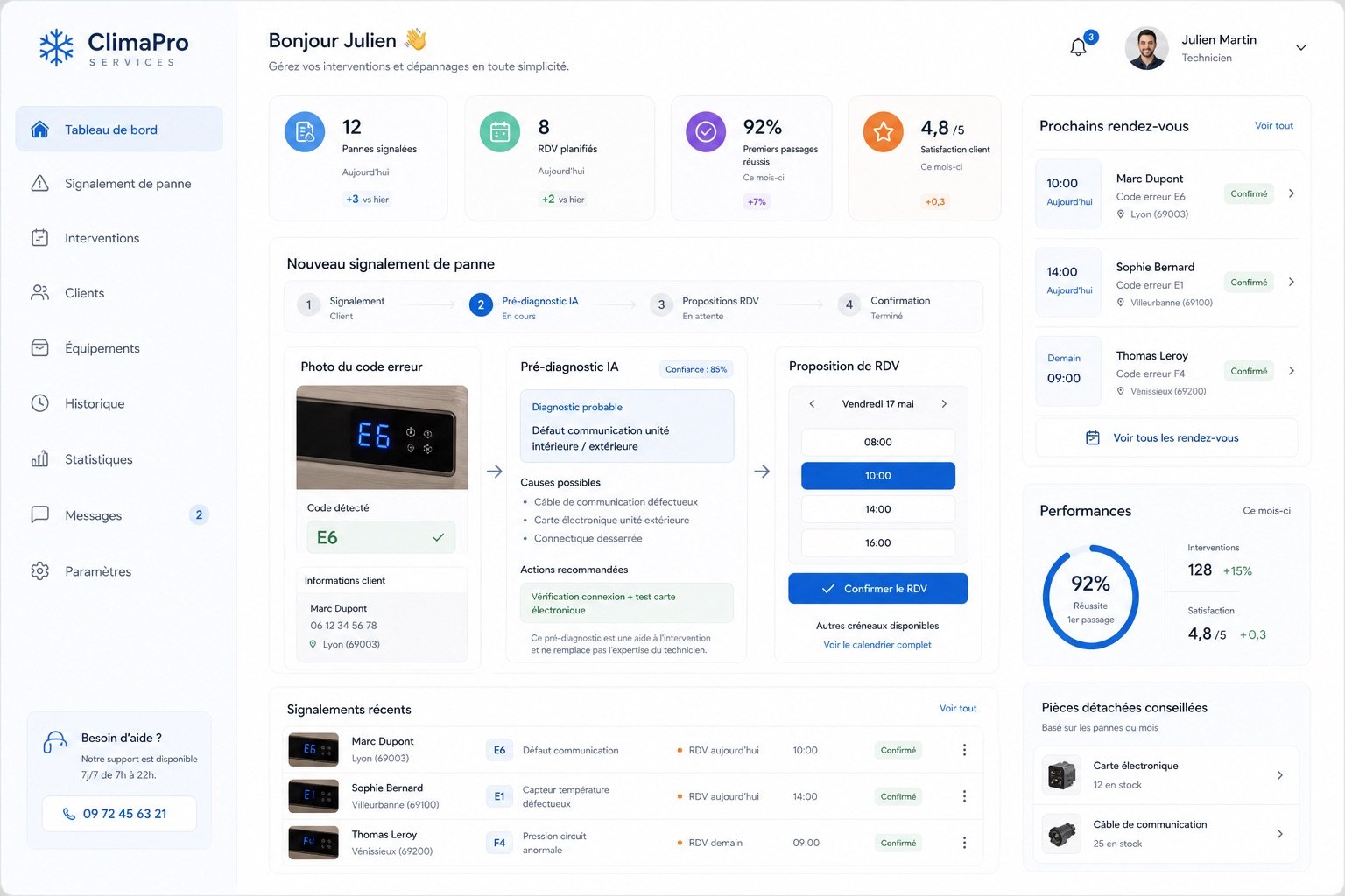 Capture d'écran de l'application Kolya pour climatisation : tickets clients avec photo de code erreur, pré-diagnostic, planning techniciens, suivi du parc