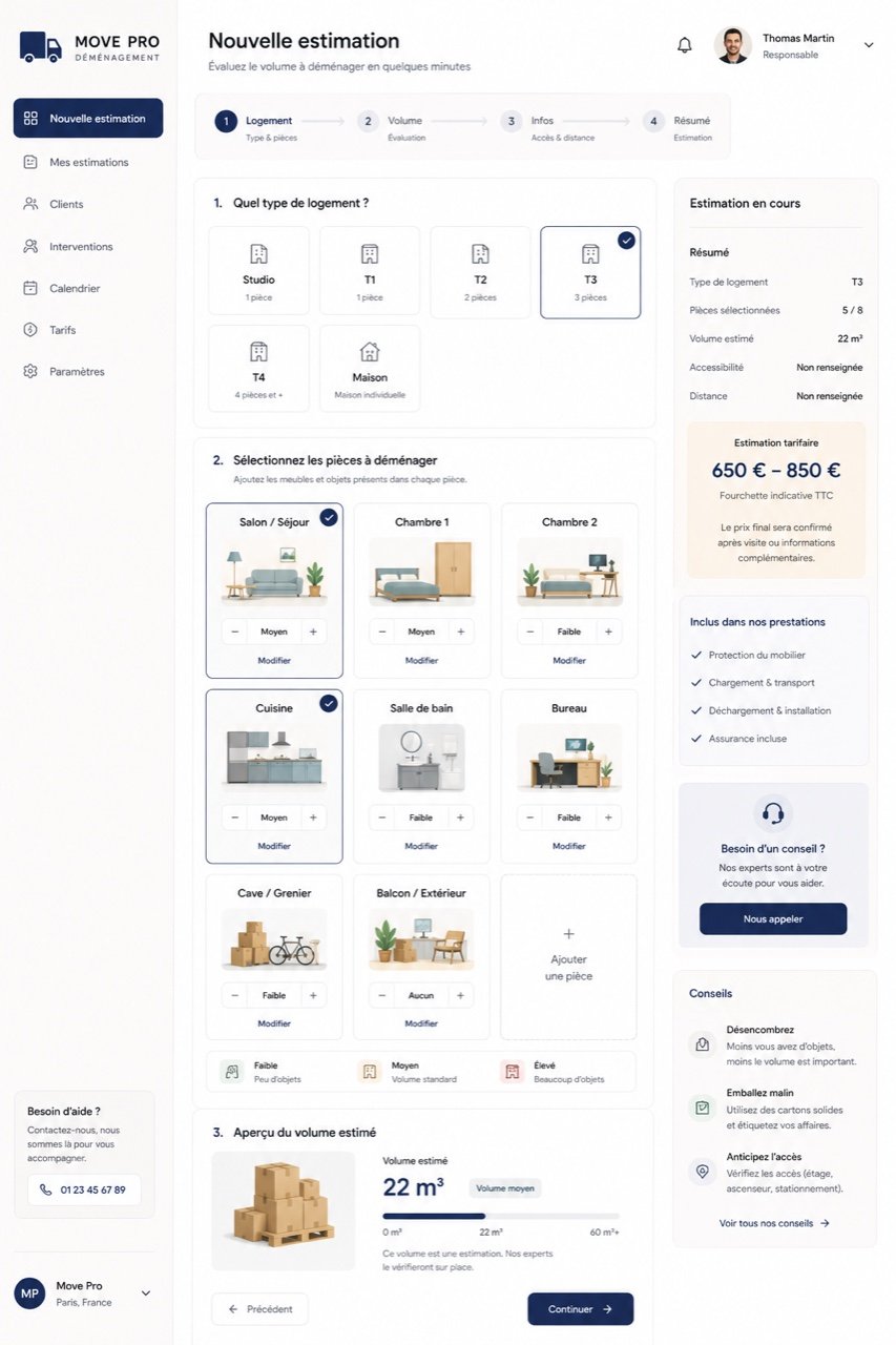 Capture d'écran de l'application Kolya pour déménageurs : nouvelle estimation, sélection des pièces, calcul de volume en m³, fourchette de prix automatique