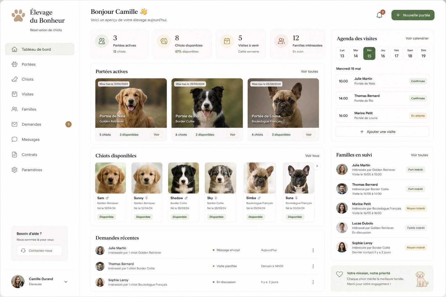 Capture d'écran de l'application Kolya pour élevage canin : portée en cours, fiche par chiot avec photos, familles qualifiées, agenda de visites