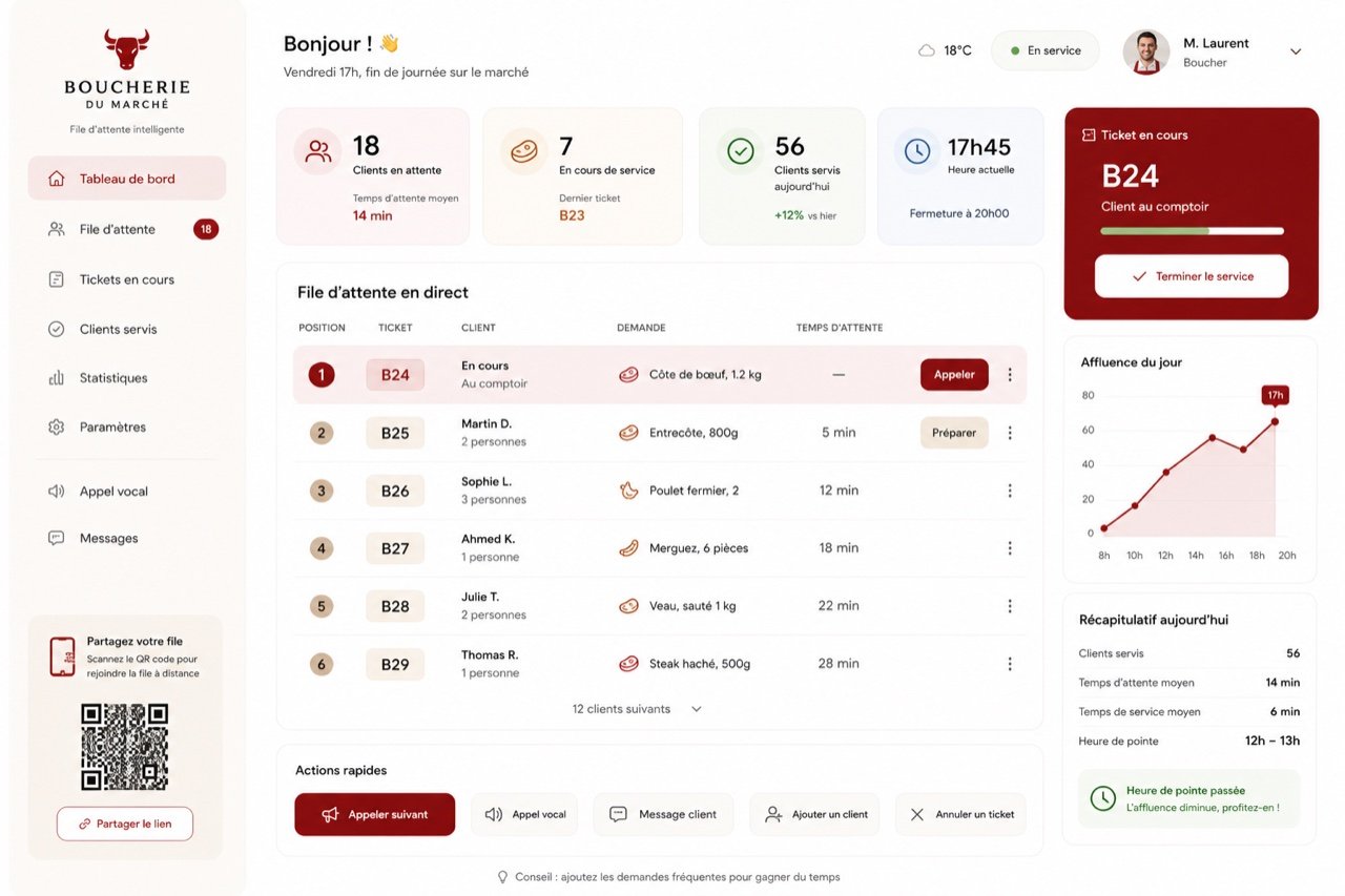 Capture d'écran de l'application Kolya pour la file d'attente sur les marchés : tableau de bord temps réel, tickets B24-B29, affluence du jour, récapitulatif