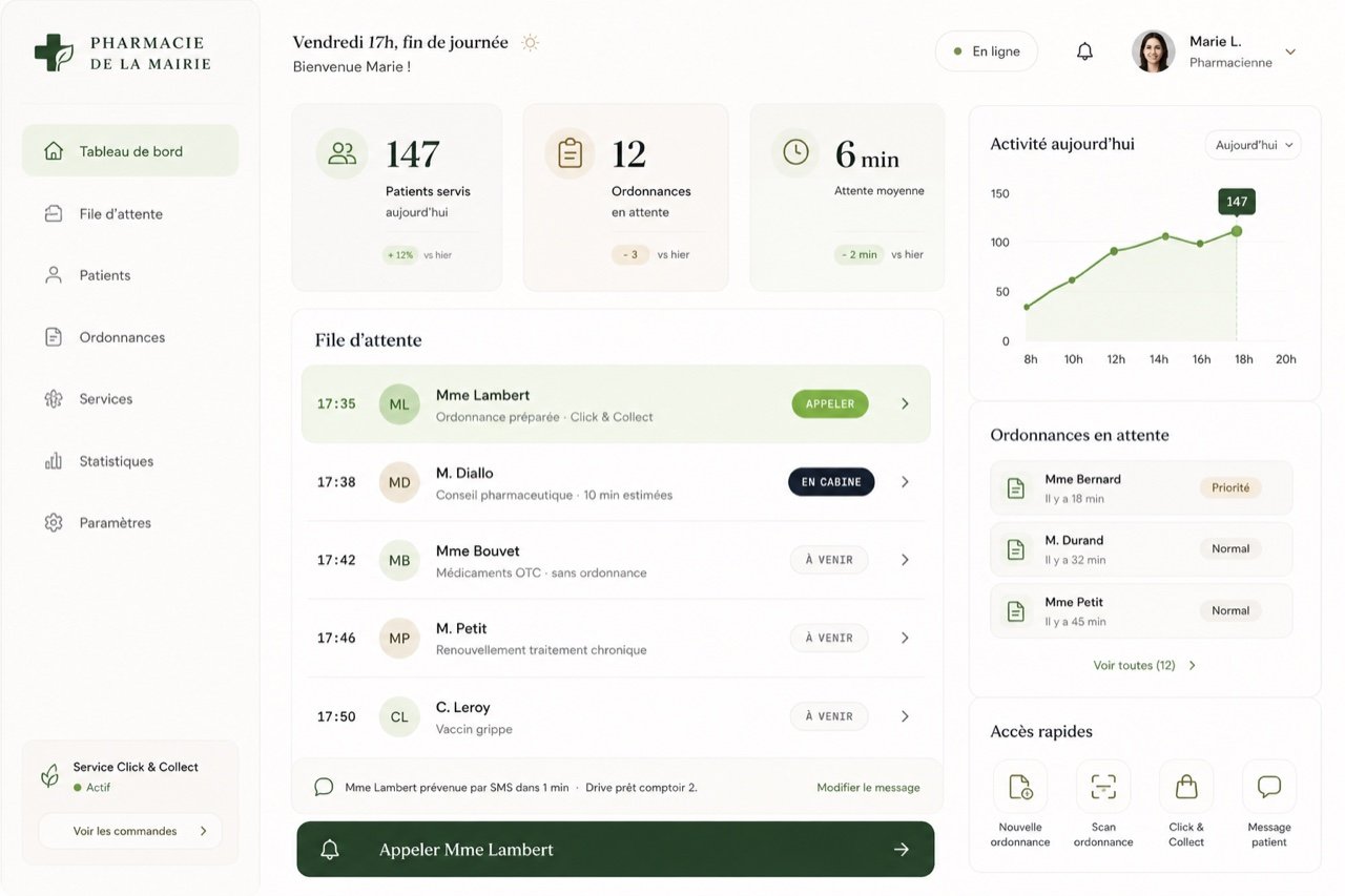 Capture d'écran de l'application Kolya pour la gestion de file d'attente en pharmacie : tableau de bord temps réel, file patients, ordonnances en attente, accès rapides Click & Collect